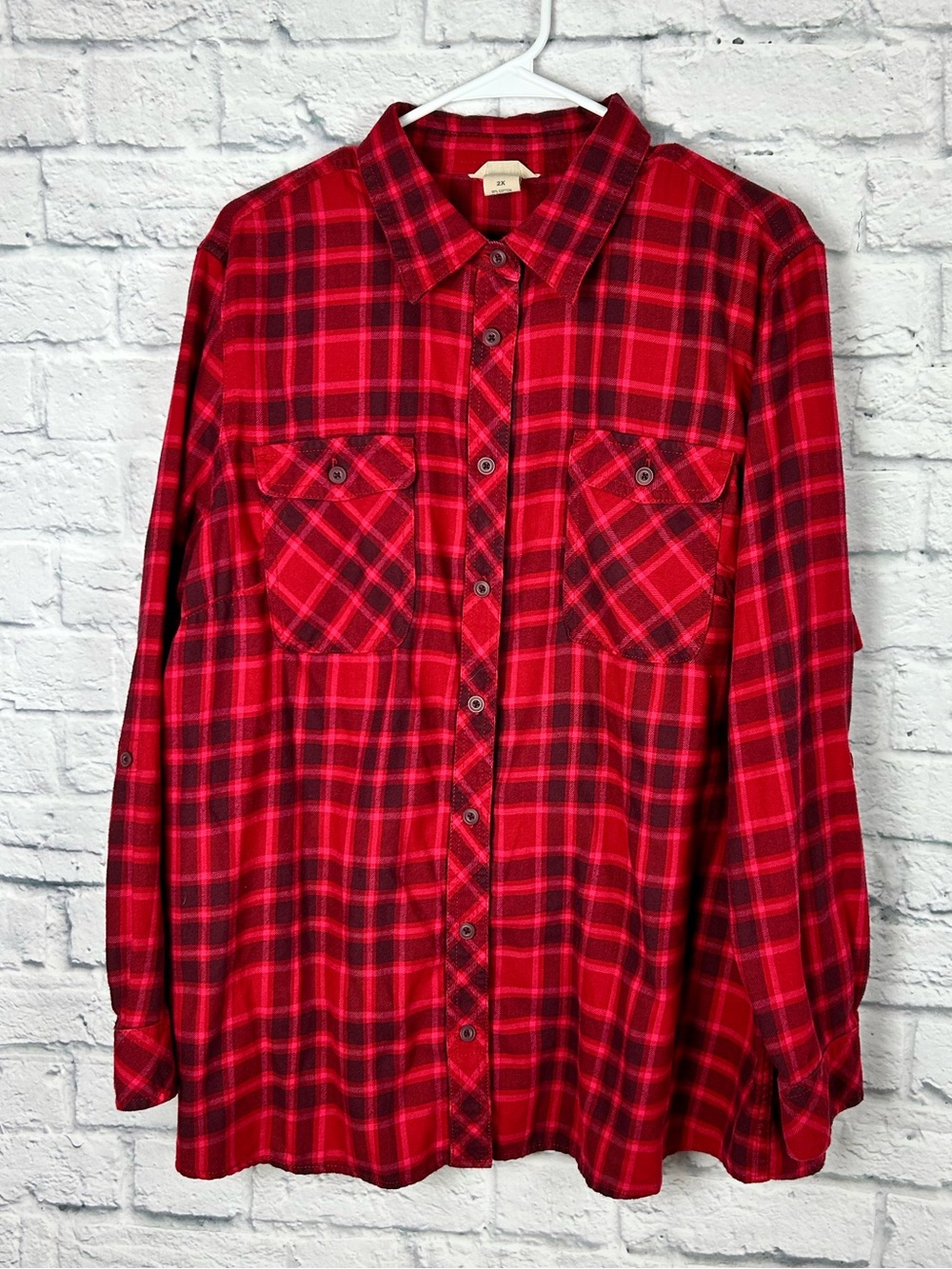 Duluth Trading Co Plaid Flannel Shirt Women’s 2X Red Button Front Roll Tab Sleev
